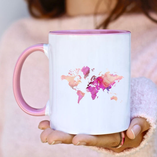 Whole New World Mug, 11oz, White with Pink Handle (and Interior)
